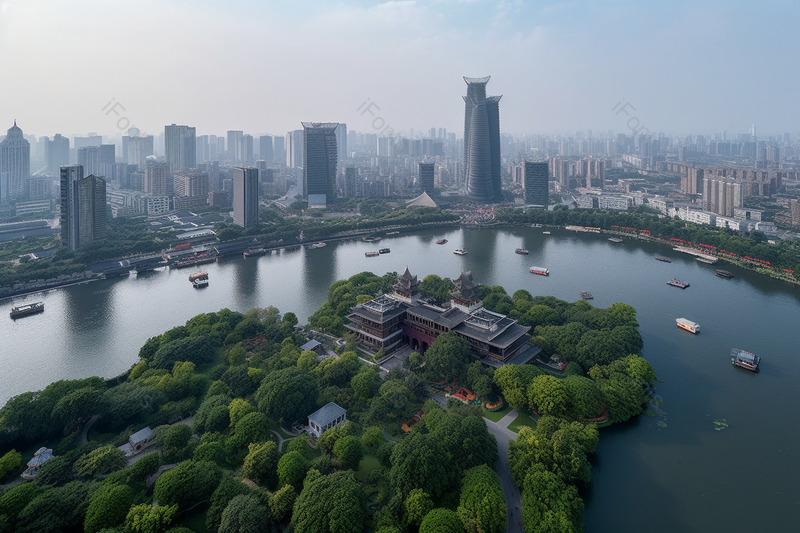 蓝色天空下唯美的城市与自然结合的美景高楼大厦,高清,摄影图,摄影图片,图片大全,摄影图免费下载